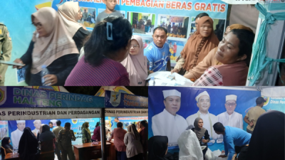Pegawai perindag saat memberikan sembako ke warga di stand pendopo falcilno Weda (ft_ono)