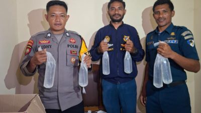 Petugas gabungan memeriksa barang bawaan penumpang dan mengamankan 25 botol minuman keras tradisional jenis Cap Tikus dalam razia di Pelabuhan Babang, Halmahera Selatan (istimewa)