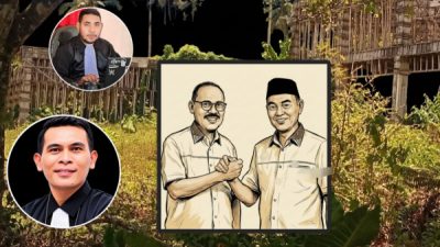 Bupati-Wakil dengan Dua Praktisi Hukum yang Sudah Diedit Latar adalah Gedung Proyek RS Pratama yang Mangkrak (foto list)
